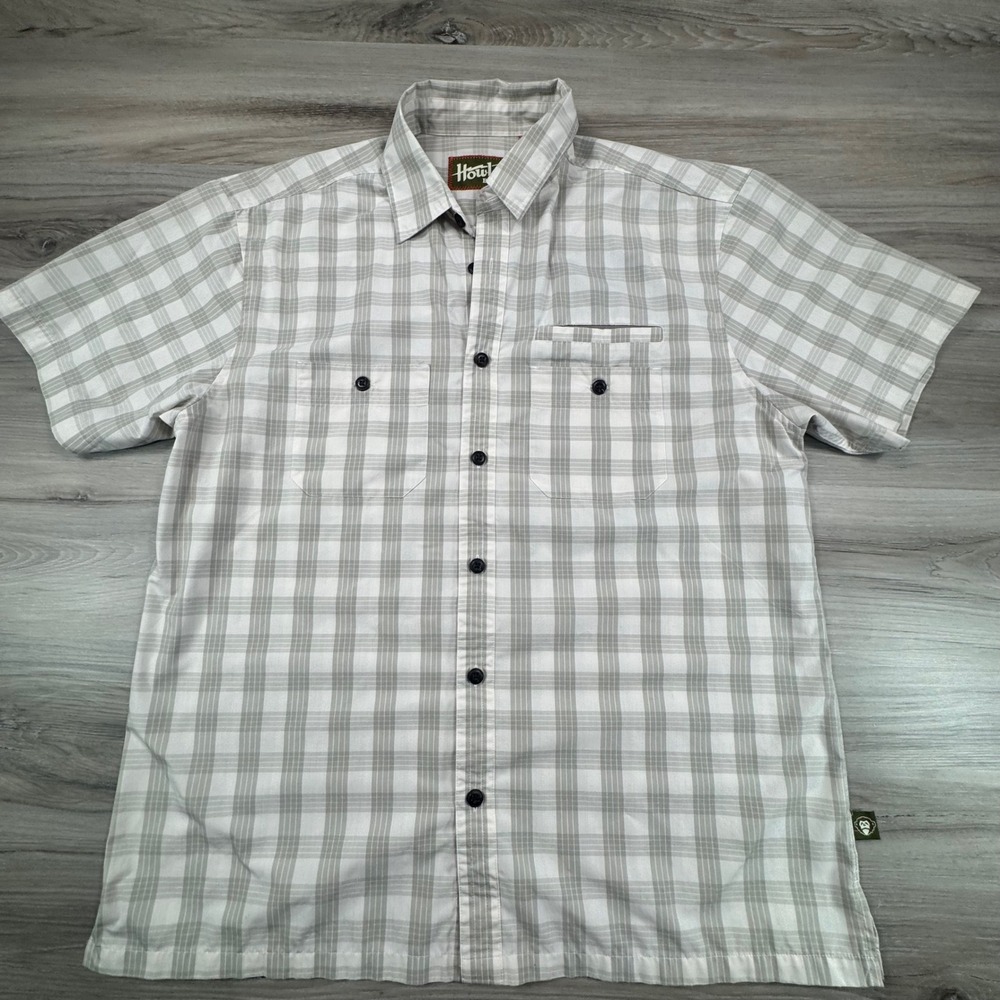 Howler Brothers Mens Grey White Plaid Short Sleeve Button Down Shirt Size Medium